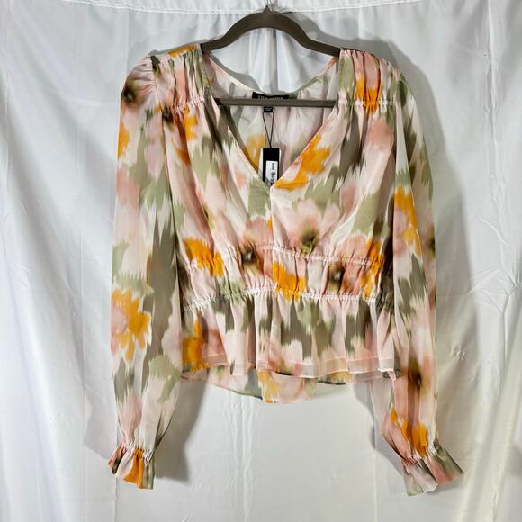 NWT Steve Madden Ardenne Faded Floral Chiffon Blouse Large Boho Romantic Sheer - Picture 3 of 5